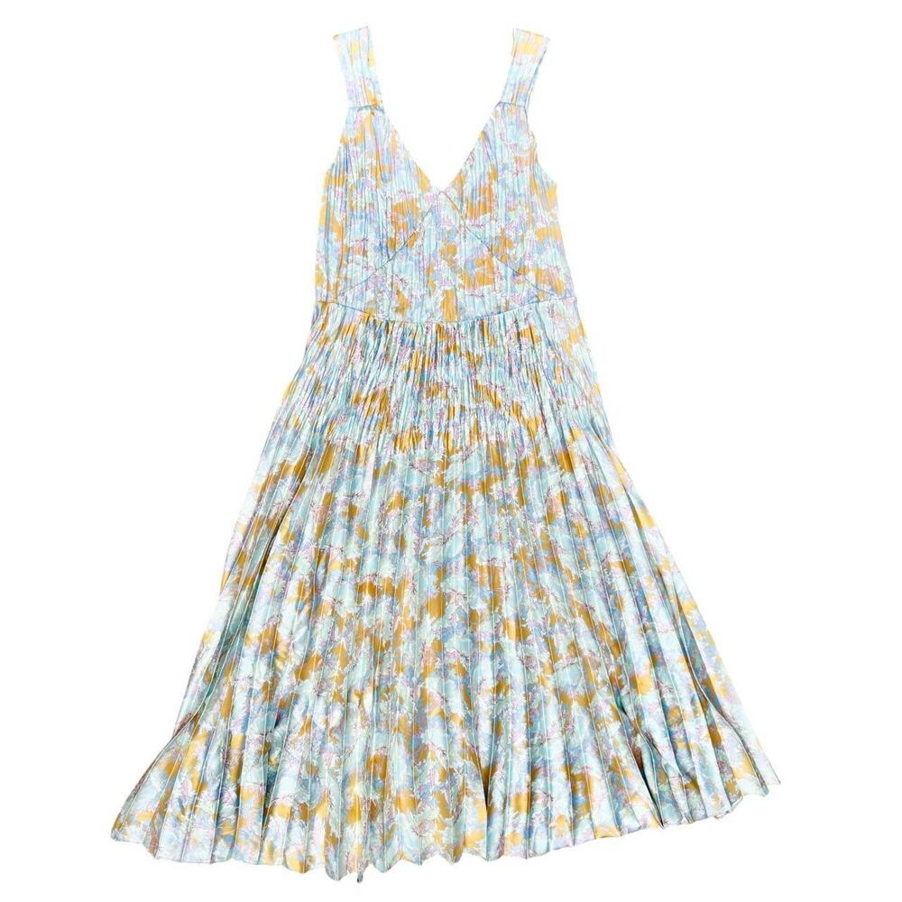 Vince Pleated Floral Maxi Dress Yellow Wedding Guest Hoco Rush dress- S